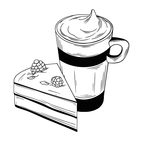 음료와 케이크 한 조각을 컵. 흰색 배경에 고립 된 디저트. — 스톡 벡터