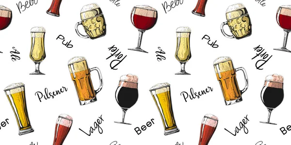 Nahtloses Muster mit verschiedenen Gläsern mit Bier, verschiedenen Bierkrügen. Vektorillustration — Stockvektor