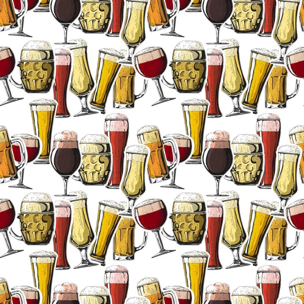 Modèle sans couture avec différents verres avec de la bière, différentes tasses de bière. Illustration vectorielle — Image vectorielle