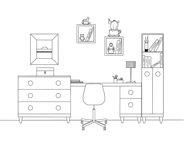 Dibuja la habitación. Silla de oficina, escritorio, varios objetos sobre la mesa. Bosquejo del espacio de trabajo. Vector — Archivo Imágenes Vectoriales