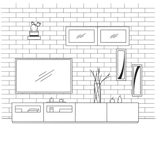 Lineaire schets van het interieur. Boekenkast, dressoir met TV en planken. Hand getekende vector illustratie — Stockvector