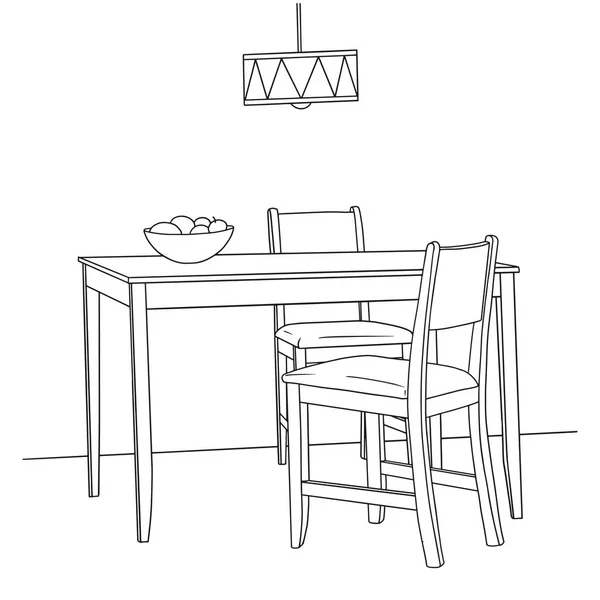 Parte del comedor. Mesa y sillas. Dibujo dibujado a mano. Vector — Archivo Imágenes Vectoriales