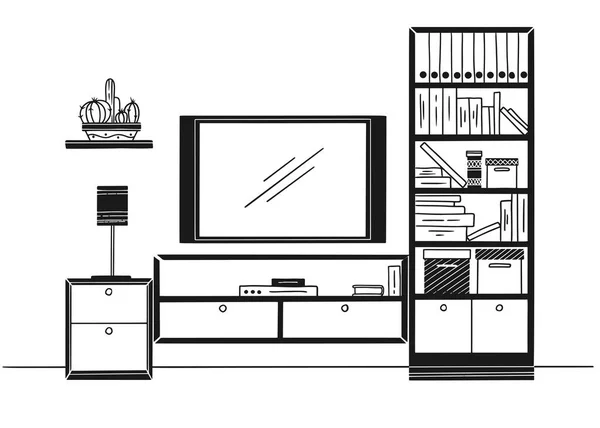 Esboço desenhado à mão. Esboço linear do interior. Estante, cômoda com TV e prateleiras. Vetor — Vetor de Stock