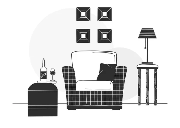 Sessel, Couchtisch mit Glas und Flasche. Lampe auf einem hohen Hocker. handgezeichnete Vektor-Illustration — Stockvektor