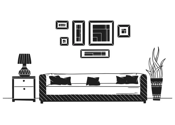 Interior en estilo escandinavo. Parte de la habitación. Ilustración vectorial dibujada a mano — Vector de stock