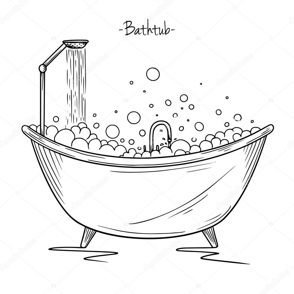 Sketch bath with tap and foam. Vector illustration