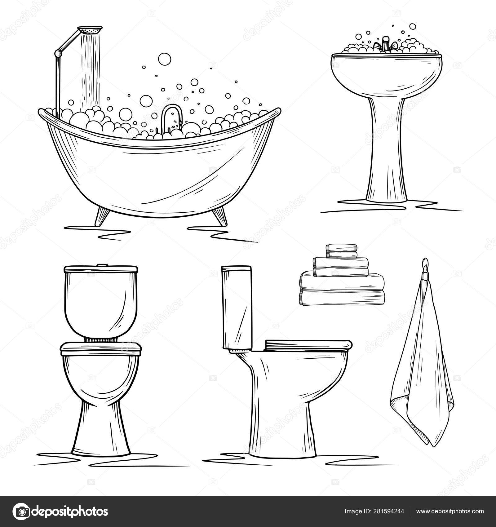 Hand drawn bathroom interior elements. Toilet and washbasin, bath and  towels. Stock Vector by ©nadiia.kud.gmail.com 281594244, image size:1600x1700