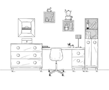 Kroki Oda. Ofis koltuğu, Resepsiyon, masanın üzerinde çeşitli nesneler. Çalışma alanı çizin. Vektör