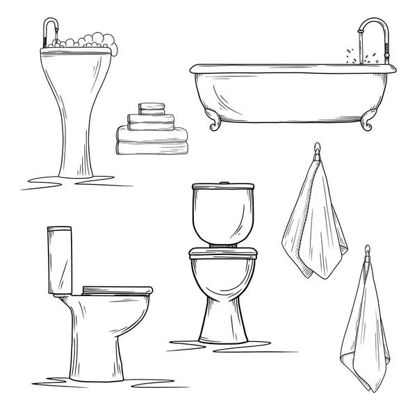 Kézzel készített fürdőszoba belső elemei. Mosdókagyló és mosdó, fürdőkád és törölköző. — Stock Vector