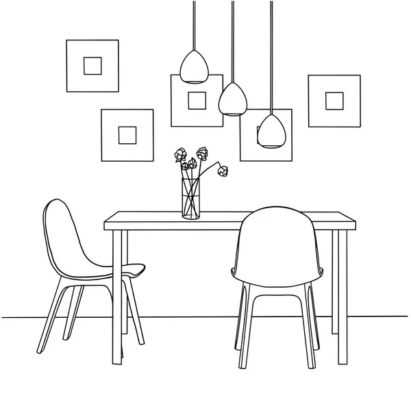 ダイニングルームの一部。花のテーブルの花瓶の上。ランプがテーブルの上に掛かっている。手描きのスケッチ. — ストックベクタ