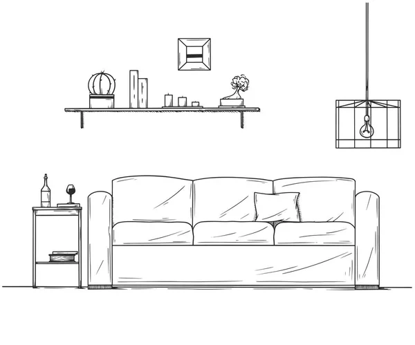 Interior dalam gaya sketsa. Sofa, meja samping tempat tidur, lampu dan rak dengan tanaman . - Stok Vektor