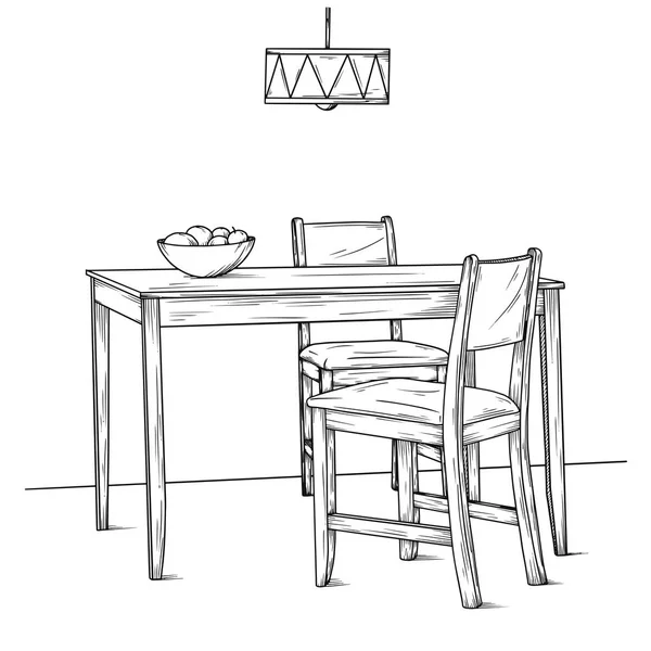 Parte del comedor. Mesa y sillas. Dibujo dibujado a mano. Vector — Archivo Imágenes Vectoriales