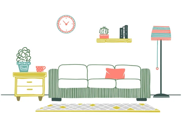 Interior en estilo escandinavo. Parte de la habitación. Ilustración vectorial dibujada a mano — Vector de stock