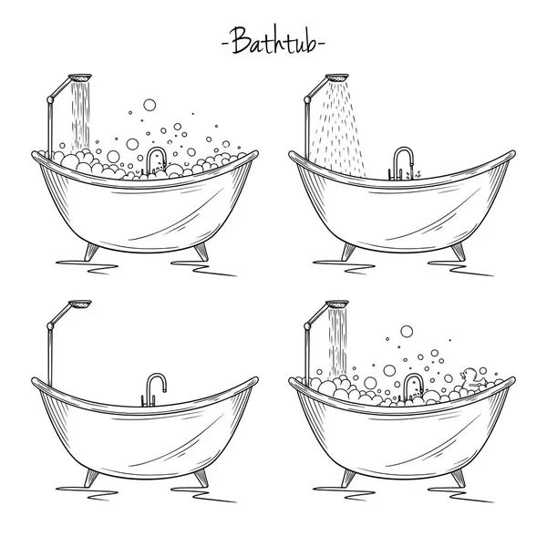 Ensemble de bains différents avec mousse, douche, canard. Illustration vectorielle de style croquis — Image vectorielle