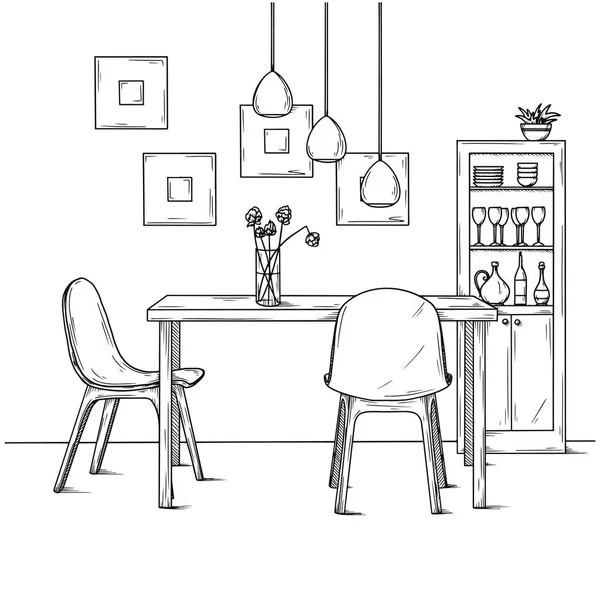 Parte da sala de jantar. No vaso de mesa de flores. Lâmpadas penduradas sobre a mesa. Desenho desenhado à mão.Vetor — Vetor de Stock