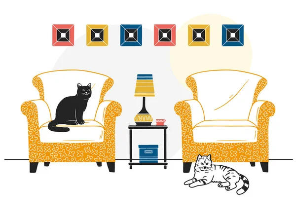 Interior de estilo escandinavo. Muebles y varios artículos de interior. Un gato en la silla, el segundo en el suelo . — Vector de stock