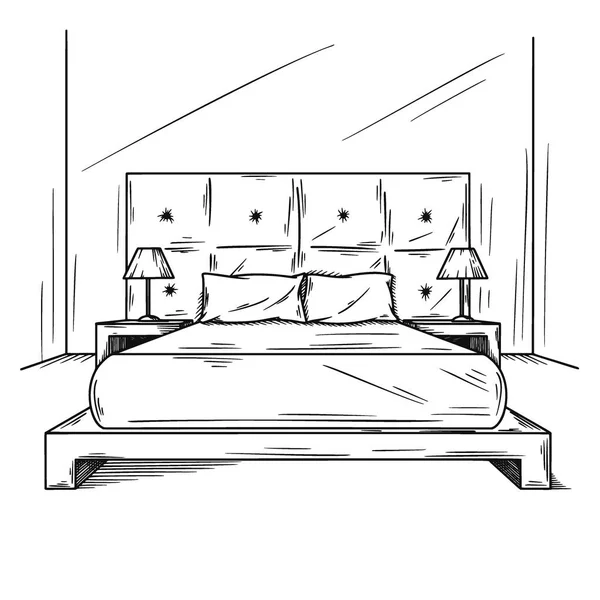 Realistische Skizze des Schlafzimmers. Handgezeichnete Skizze des Innenraums. Vektor — Stockvektor