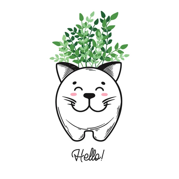 La planta de casa en la cacerola con el hocico del animal. Lindo hocico de gato en la olla. Vector — Archivo Imágenes Vectoriales