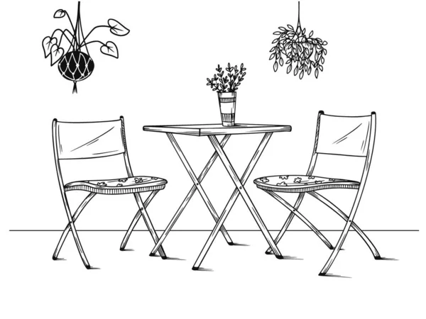 Conjunto de móveis para o jardim. Poltronas, sofá e mesa entre as plantas. Ilustração vetorial — Vetor de Stock