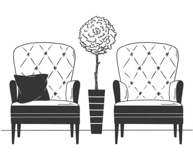 Yüksek bir tencerede iki sandalye ve bir ağaç. Çizim düz biçimli