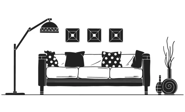 Interior in Scandinavian style. Part of the livingroom. Hand drawn vector illustration — Stock Vector