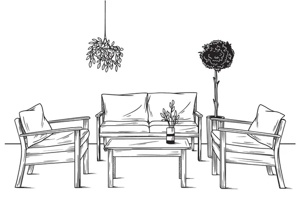 Ensemble de meubles pour le jardin. Fauteuils, canapé et table parmi les plantes. Illustration vectorielle — Image vectorielle