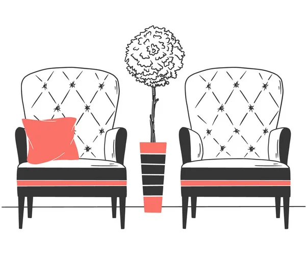 높은 냄비에 의자 두 개와 나무 한 그루. 평평 한 형태의 삽화 — 스톡 벡터