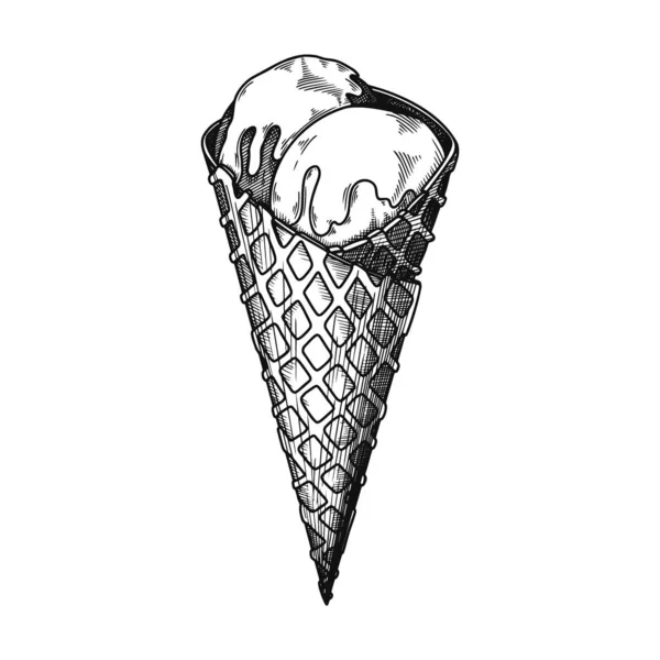 Sketsa realistis dalam wafel cone. Ilustrasi vektor - Stok Vektor