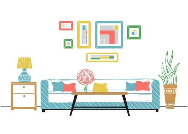 Interior em estilo escandinavo. Parte da sala. Ilustração vetorial desenhada à mão —  Vetores de Stock