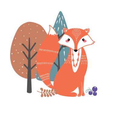 Ağaçların arka planında sevimli tilki. İskandinav tarzında el çizimi