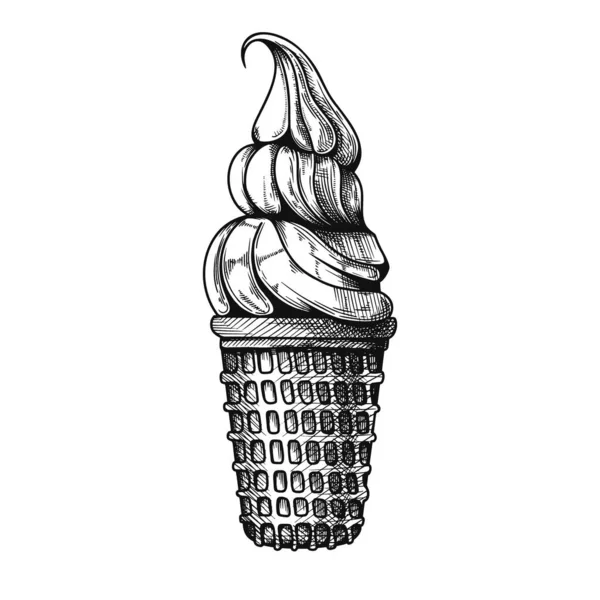 Esboço realista em um cone de waffle. Ilustração vetorial — Vetor de Stock