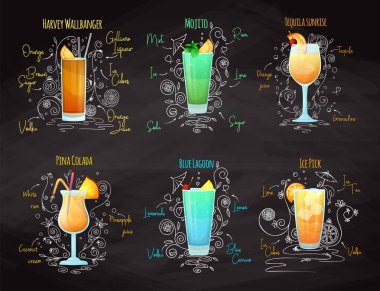 Farklı kokteyllerin tarifleri. Mojito, Pina Colada, Blue Lagoon ve diğerleri. Vektör
