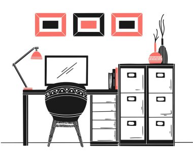 İskandinav tarzında iç. Bilgisayarlı bir işyeri. İç çizim. Vektör