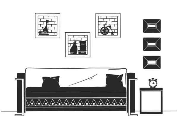 Interieur in Scandinavische stijl. Een deel van de woonkamer. Handgetekende vectorillustratie — Stockvector