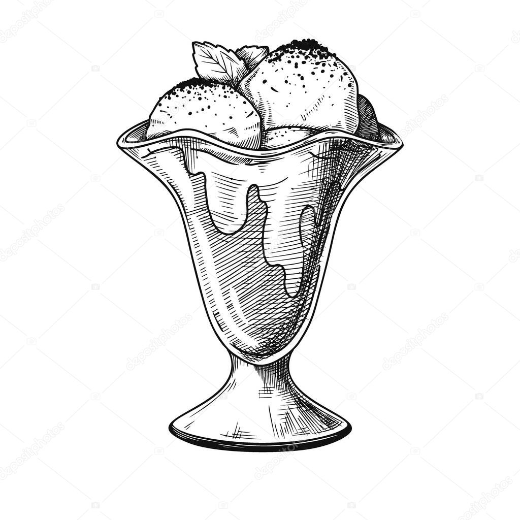 Realistic sketch of ice cream in a vase. Vector illustration