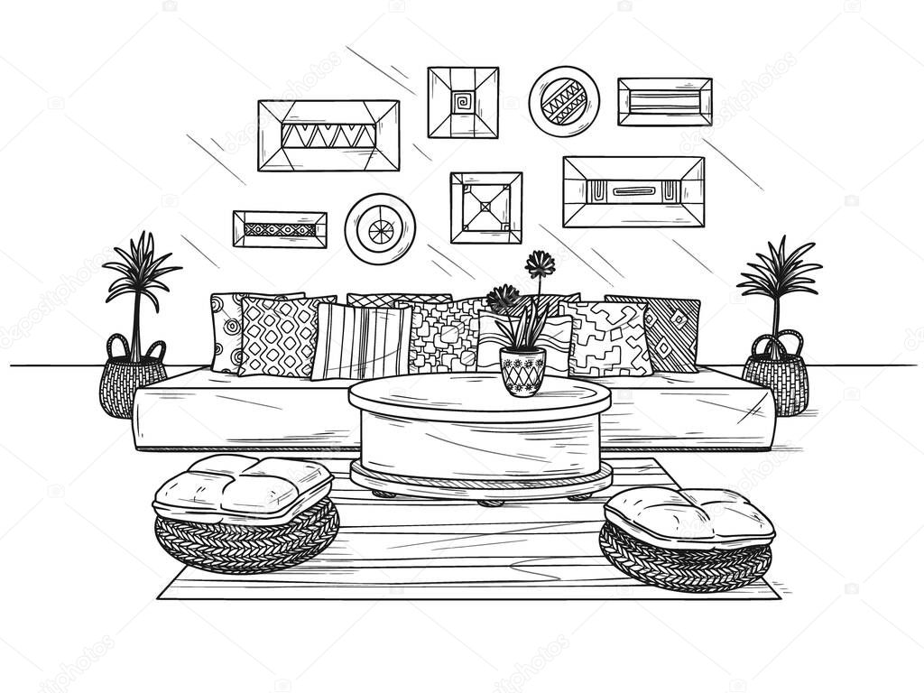 Sketch a cozy living room in boho style. Sofa, table and various decor elements. Vector illustration in sketch style.
