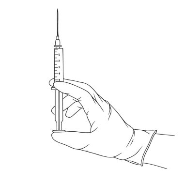 Doktor ya da bilim adamı lateks eldiven takıyor. Ellerinde şırınga tutan steril eldivenler. Robot resim biçiminde vektör illüstrasyonu.