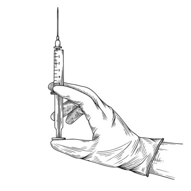 Doktor ya da bilim adamı lateks eldiven takıyor. Ellerinde şırınga tutan steril eldivenler. Robot resim biçiminde vektör illüstrasyonu.