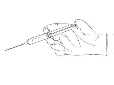 Doktor ya da bilim adamı lateks eldiven takıyor. Ellerinde şırınga tutan steril eldivenler. Robot resim biçiminde vektör illüstrasyonu.
