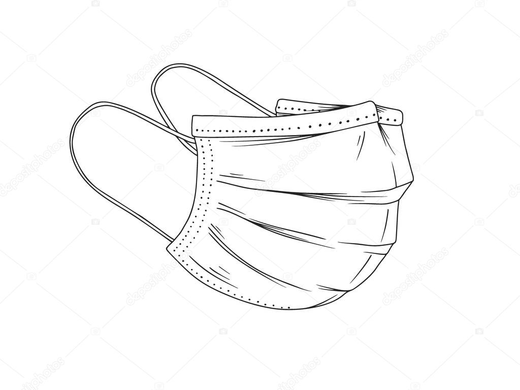 Surgical, Medical Face Mask that protects airborne diseases, viruses. Coronavirus. Defence from air pollution. Vector illustration in sketch style.