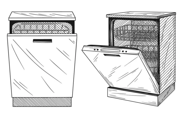 Beyaz Arka Plan Üzerinde Izole Bulaşık Makinesi Bir Kroki Stil — Stok Vektör