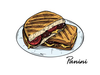 Panini beyaz arka planda izole edilmiş. İtalyan yemeklerini çiz. Robot resim biçiminde vektör illüstrasyonu.
