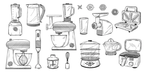 Ensemble Différents Appareils Ménagers Illustration Vectorielle Style Croquis — Image vectorielle