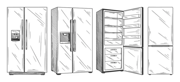 Conjunto Refrigeradores Aislados Sobre Fondo Blanco Ilustración Vectorial Estilo Boceto — Archivo Imágenes Vectoriales