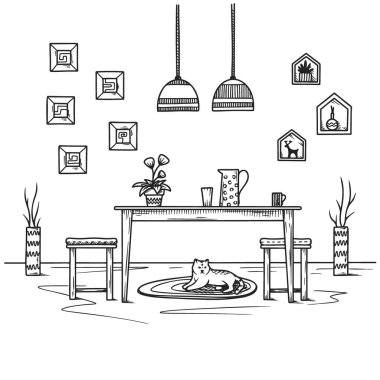 Boho tarzında eskiz yemek odası. Mobilyalar ve iç mekanın birçok farklı elementi. Vektör illüstrasyonu.