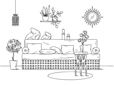 Boho tarzında rahat bir oturma odası çiz. Koltuk, masa ve çeşitli dekor elementleri. Robot resim biçiminde vektör illüstrasyonu.