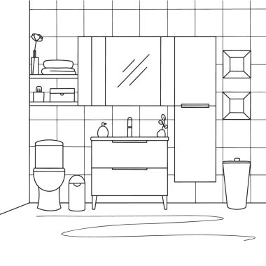 Banyoyu çiz. Klozet, banyo mobilyası ve diğer eşyalar. Robot resim biçiminde vektör illüstrasyonu.
