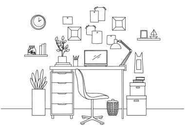 Kroki Oda. Ofis koltuğu, Resepsiyon, masanın üzerinde çeşitli nesneler. Çalışma alanı çizin. Vektör çizim