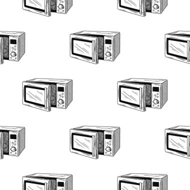Kusursuz desen. Beyaz arka planda mikrodalga fırın. Robot resim biçiminde vektör illüstrasyonları