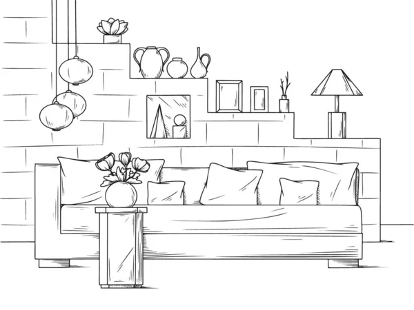 Sketch Cozy Living Room Boho Style Sofa Table Various Decor — Stock Vector